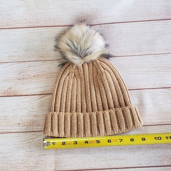 J. Crew Ribbed Knit Faux Fur Pom Pom Beanie in Light Caramel main image 3